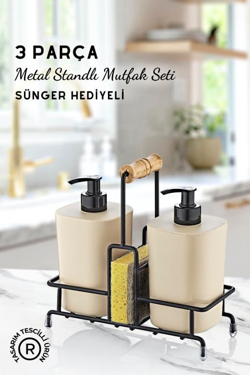 Metal Standlı Krem Begonya Bulaşık Deterjanı ve Sıvı Sabunluk Mutfak Seti-Sünger Hediyeli